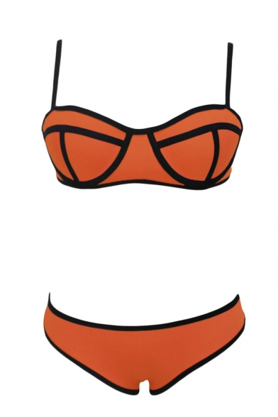 Orange Low Rise Color Block Strap Bikini Set