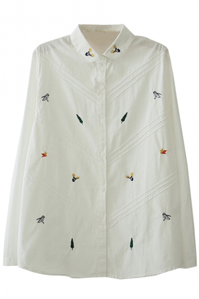 Pine Tree&Birds Embroidery White Shirt
