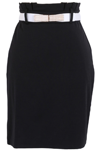 Plain Belted Waist Midi Skirt with Wrinkled Waist