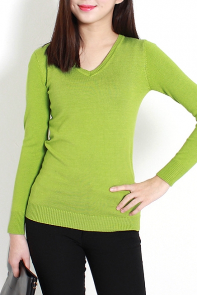 Plain V-Neck Long Sleeve Fitted Pull Over Sweater