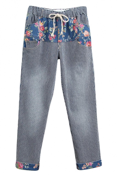 Stripe Floral Print Elastic Waist Pockets Laid Back Jeans
