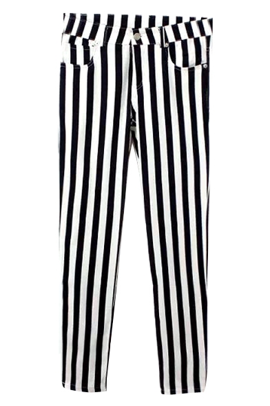 Striped Print Elastic Skinny Pants with Pocket