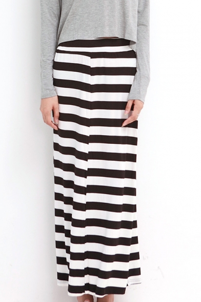 Thick Stripes Print Modal High Waist Tube Maxi Skirt