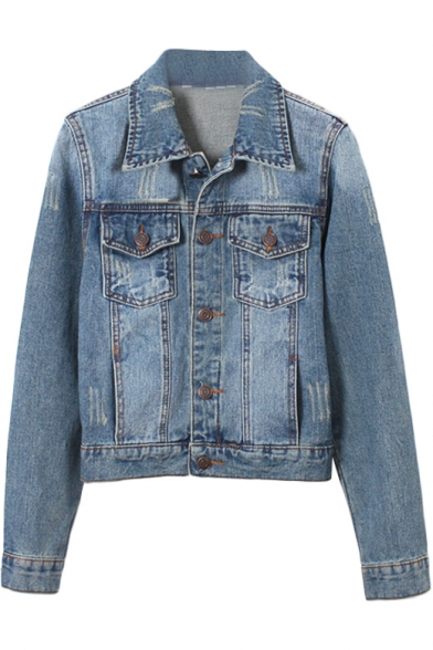 Vintage Blue Single-Breasted Fitted Denim Jacket