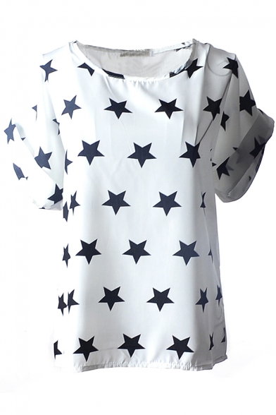 White Short Sleeve Stars Print Chiffon T-Shirt