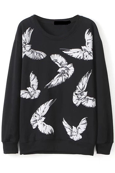 Black Embroidered Eagle Round Neck Sweatshirt