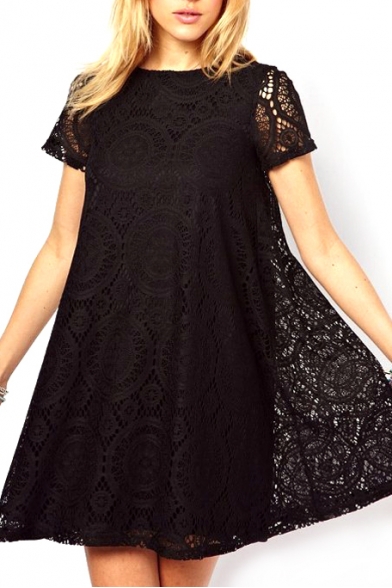 Black Short Sleeve Kaleidoscopic Lace Cutwork Swing Dress