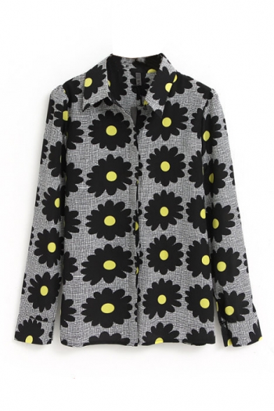 Black Sun Flower Print Long Sleeve Shirt