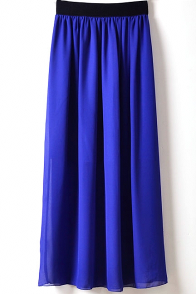 Blue Elastic Waist Chiffon Maxi Skirt