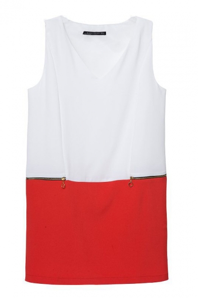 Color Block V-Neck Sleeveless Zip Dress