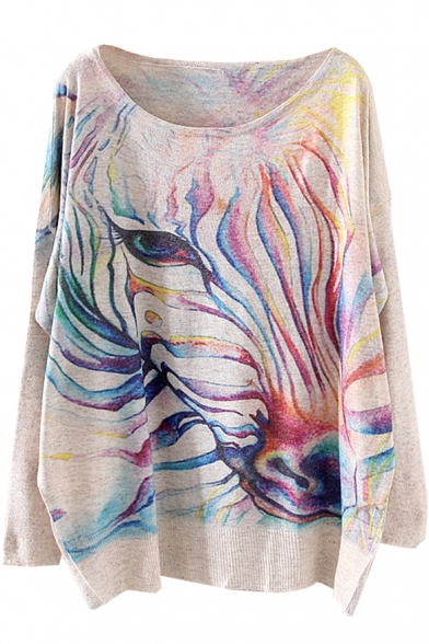 Colorful Horse Head Print Unique Loose Sweater