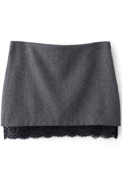 Gray Lace Insert Hem Woolen Pencil Skirt