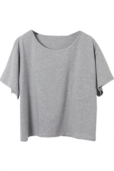 Gray Plain Single Pocket Round Neck T-Shirt