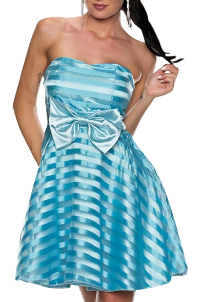 Mesh Striped Strapless A-Line Dress with Bow-Tie Waist