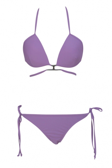 Purple Halter String Bikini Bottom High Waist Bikini Set