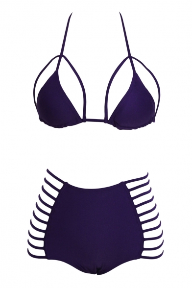 Purple Halter Tie Back Cutout High Waist Bikini Set