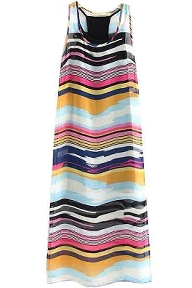 Rainbow Color Round Neck Split Hem Chiffon Maxi Dress