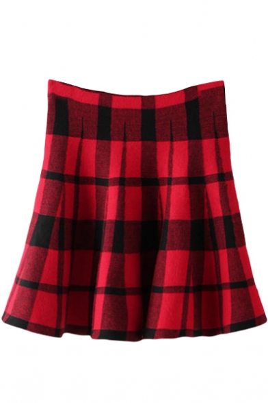 Red&Black Plaid Pattern Knitting Skater Skirt