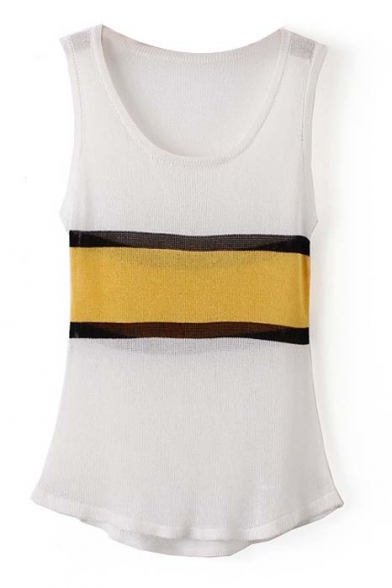Round Neck Striped Color Block Knitting Tanks with Asymmetrical Hem