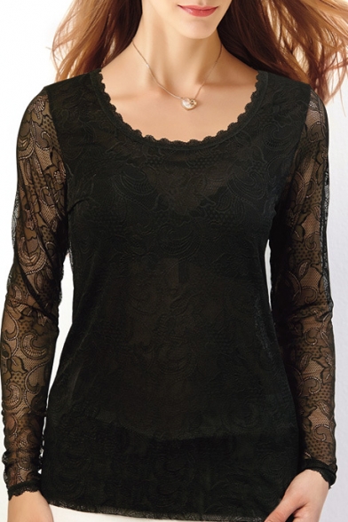 Sexy Black Round Neck Long Sleeve Lace Crochet Top