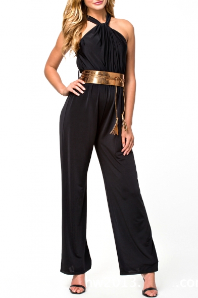Sexy High Waist Halter Sleeveless Belted Fitted Jumpsuit