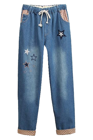 Star Embroidered Polka Dot Elastic Waist Drawstring Waist Jeans