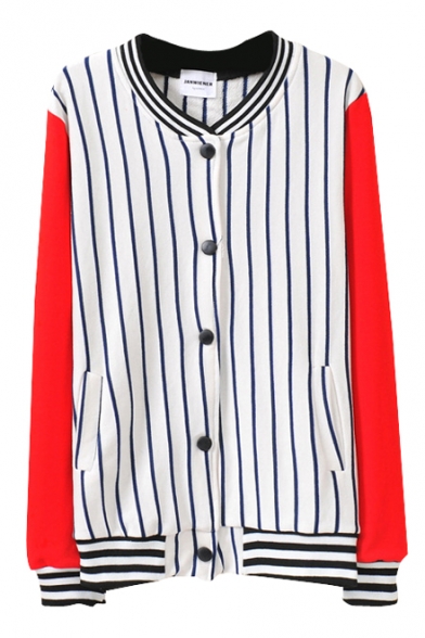 Stripe Color Block Sleeve Stand Up Collar Jacket