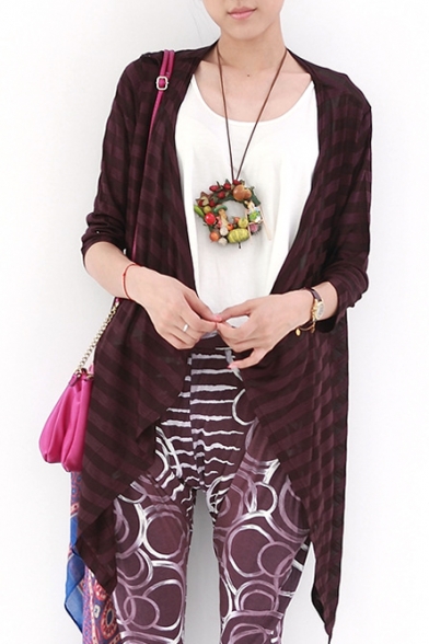 Striped Thin 3/4 Length Sleeve Cardigan with Waterfall Front