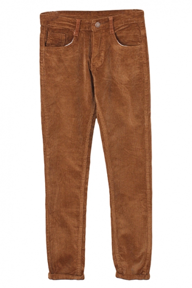 Tan Plain Tweed Zipper Fly Pockets Pencil Pants