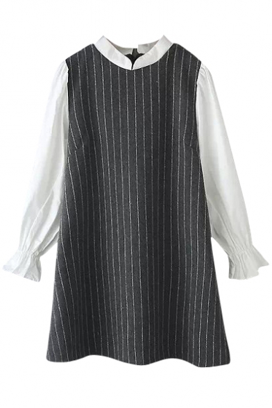 Vertical Stripe Pattern Preppy Style Stand Collar Gray Dress