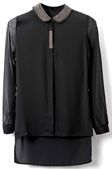 Black Rivet Collar Long Sleeve Dip Hem Shirt