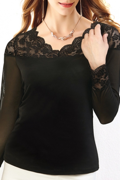 Black Scalloped Neck Long Sleeve Lace Inserted Top