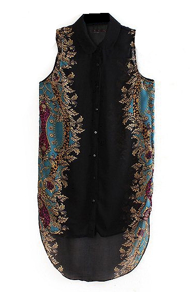 Black Sleeveless Vintage Pattern Midi Chiffon High-low Shirt