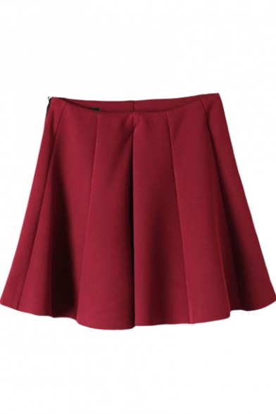 Burgundy Back Zip High Waist Pleated Skirt