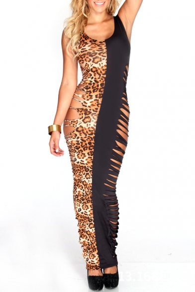 Busted Color Block Leopard Round Neck Skinny Maxi Dress