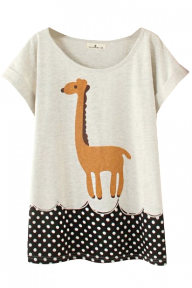 Cartoon Giraffe and Polka Dot Short  Sleeve Tee