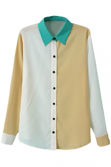 Color Block Green Lapel Long Sleeve Shirt