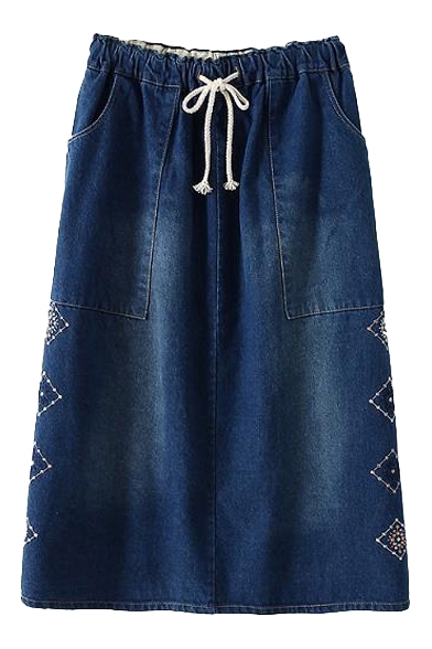 Denim Wide Pockets Drawstring Waist Geometric Embroidered Skirt