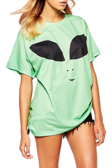 Green Loose Short Sleeve Alien Face T-Shirt