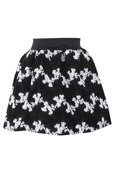 Mono Floral Print Wool Mini Skirt with Elastic Waist