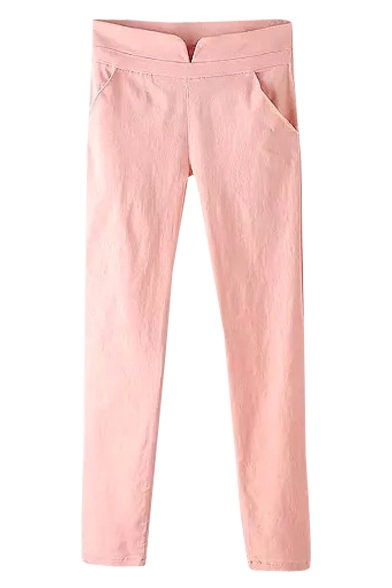 Pink Plain Elastic Skinny Pencil Pants