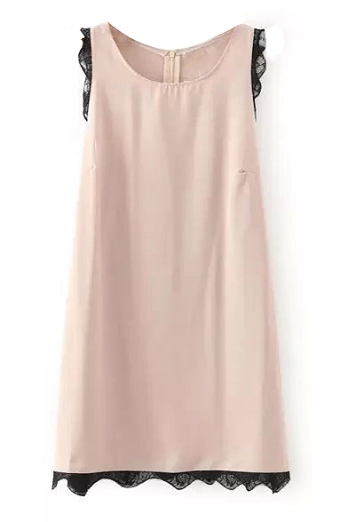 Pink Sleeveless Round Neck Lace Trim Dress
