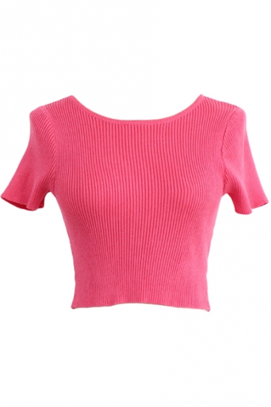 Plain Ribbed Knitting Short Sleeve Round Neck Sweater
