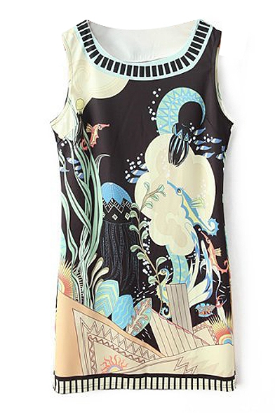 Sea World Print Sleeveless Round Neck Dress