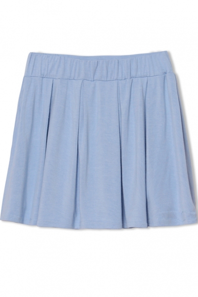 Sky Blue Elastic Waist Pleated A-line Short Skirt