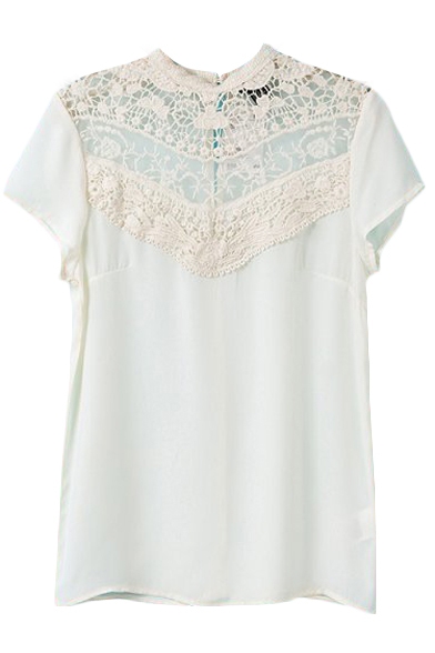 White Lace Inserted Short Sleeve Top