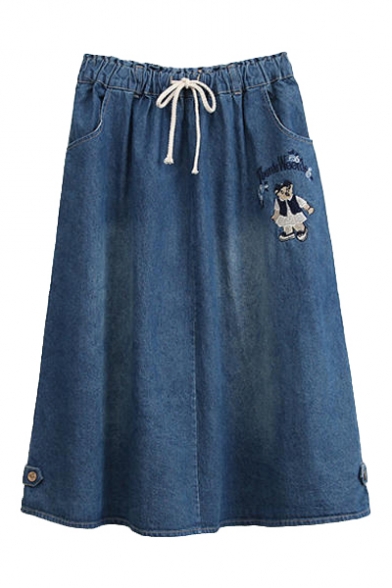 Bear Letter Embroidered Elastic Waist Buttons Skirt