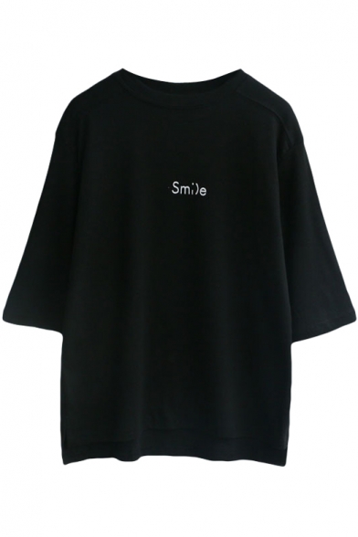 Black 1/2 Sleeve Smile Print Loose T-Shirt