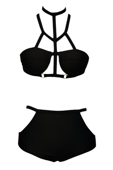 Black Halter Cutout Detail High Waist Bikini Set