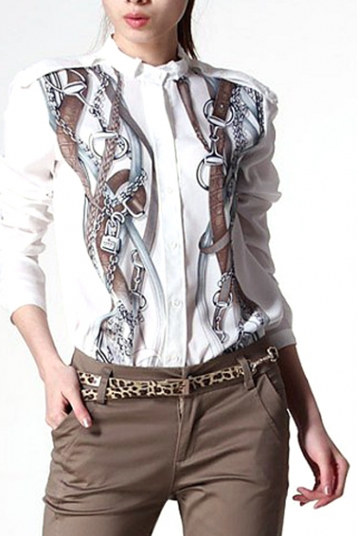 Chain Print Stand Collar Long Sleeve Shirt